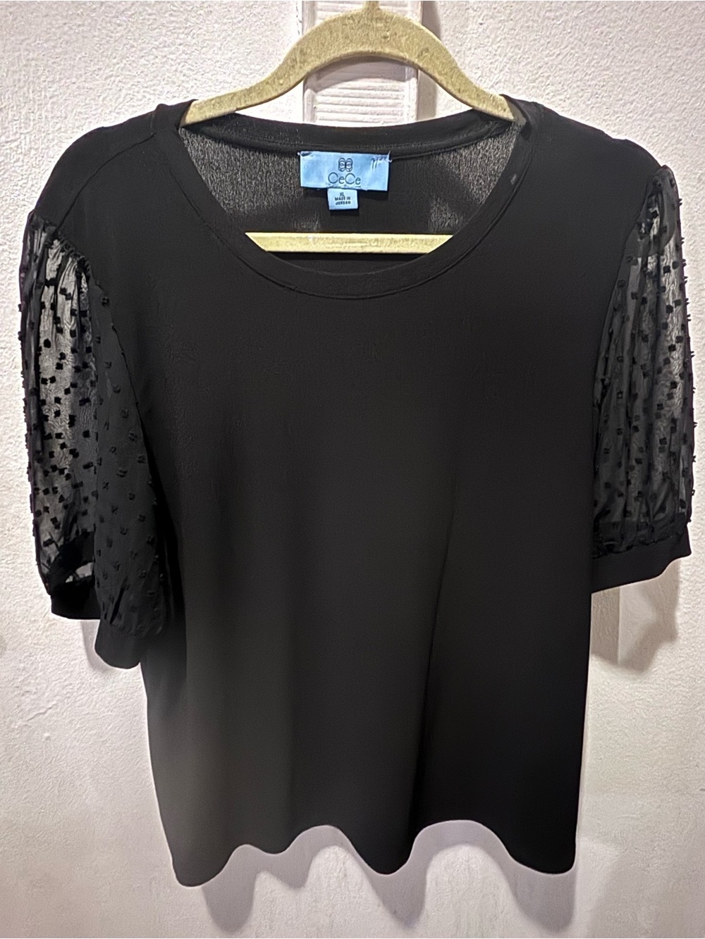 CeCe Black Short-Sleeve Top with Sheer Dot Puff Sleeves